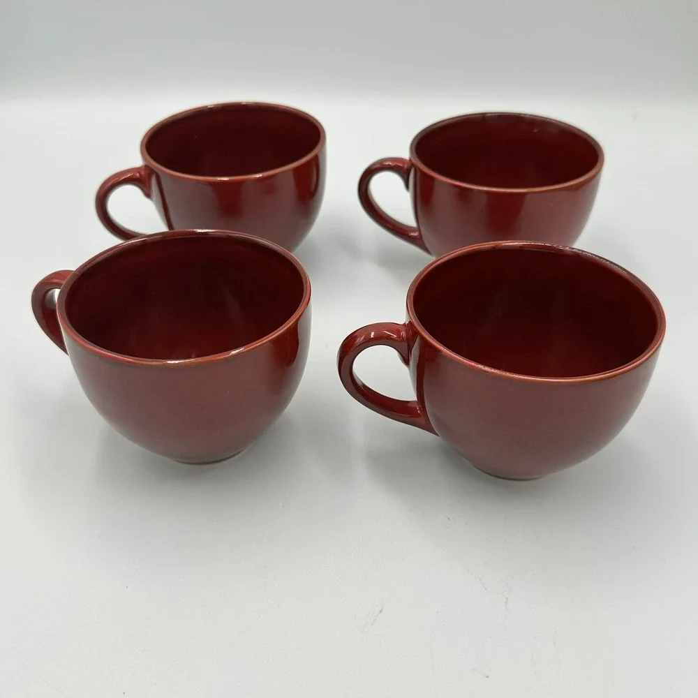 Pier 1 Coffee Mugs Set of 4 Brown‎ 12oz Glossy Stoneware Round Tea Cups Tote N